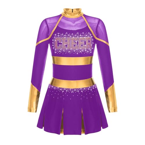 WEQYFDC Kinder Mädchen Cheer Dance Kostüm Teenager Glitzernde Strasssteine ​​Cheerleading Uniformen Metallic Patchwork Langarm Cheerlead Kleid(Purple,6) von WEQYFDC