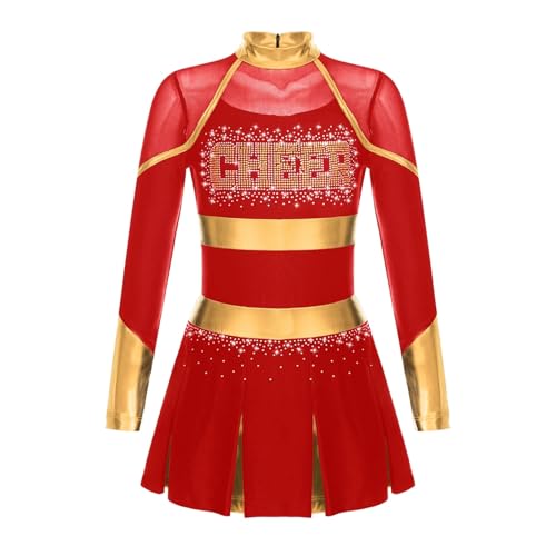 WEQYFDC Kinder Mädchen Cheer Dance Kostüm Teenager Glitzernde Strasssteine ​​Cheerleading Uniformen Metallic Patchwork Langarm Cheerlead Kleid(Red,16) von WEQYFDC
