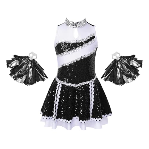WEQYFDC Kinder Mädchen Cheerleading Kostüm, ärmelloses Pailletten-Tutu-Tanzkleid mit Quaste, Blumenbällen, Kinder-Cheerleading-Uniformen(Black,14) von WEQYFDC