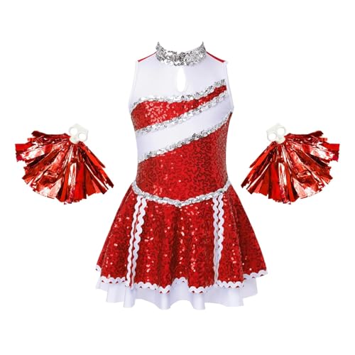 WEQYFDC Kinder Mädchen Cheerleading Kostüm, ärmelloses Pailletten-Tutu-Tanzkleid mit Quaste, Blumenbällen, Kinder-Cheerleading-Uniformen(Red,8) von WEQYFDC