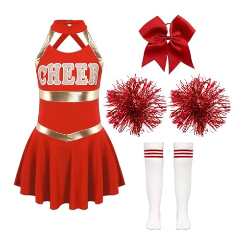 WEQYFDC Kinder Mädchen Cheerleading Kostüme Ärmelloses Kleid Hand Blumen Gestreifte Socken Tanzbekleidung Sets Schulmädchen Cheer Dance Anzüge(A Red,16) von WEQYFDC