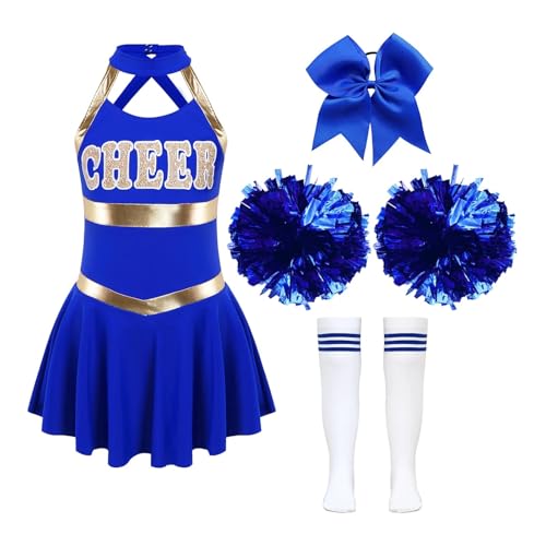WEQYFDC Kinder Mädchen Cheerleading Kostüme Ärmelloses Kleid Hand Blumen Gestreifte Socken Tanzbekleidung Sets Schulmädchen Cheer Dance Anzüge(B Blue,14) von WEQYFDC