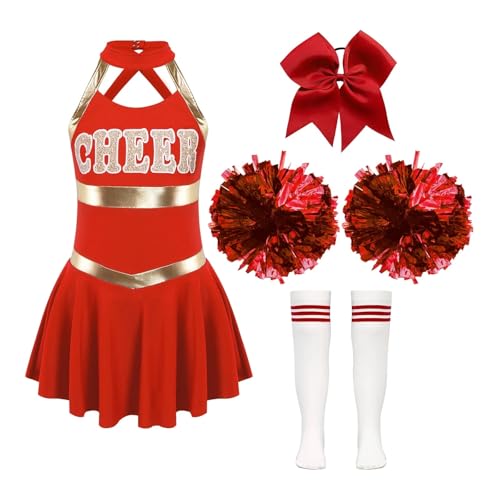 WEQYFDC Kinder Mädchen Cheerleading Kostüme Ärmelloses Kleid Hand Blumen Gestreifte Socken Tanzbekleidung Sets Schulmädchen Cheer Dance Anzüge(B Red,6) von WEQYFDC