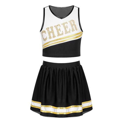 WEQYFDC Kinder Mädchen Cheerleading Uniform Cheer Dance Kleidung Ärmelloses V-Ausschnitt Brief Drucken Crop Top mit elastischem Bund Rock(Black,6) von WEQYFDC