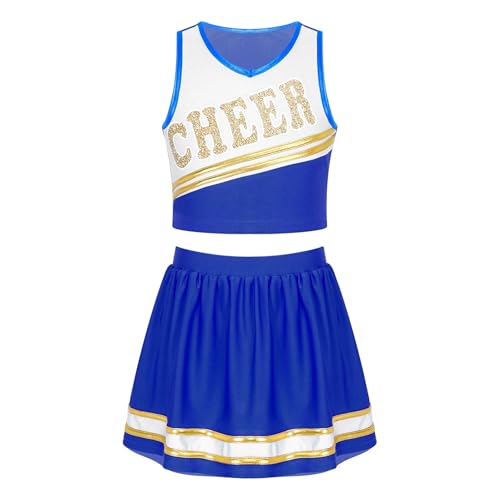 WEQYFDC Kinder Mädchen Cheerleading Uniform Cheer Dance Kleidung Ärmelloses V-Ausschnitt Brief Drucken Crop Top mit elastischem Bund Rock(Blue,16) von WEQYFDC