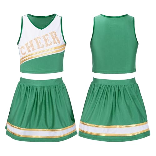 WEQYFDC Kinder Mädchen Cheerleading Uniform Cheer Dance Kleidung Ärmelloses V-Ausschnitt Brief Drucken Crop Top mit elastischem Bund Rock(Green,6) von WEQYFDC