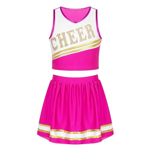 WEQYFDC Kinder Mädchen Cheerleading Uniform Cheer Dance Kleidung Ärmelloses V-Ausschnitt Brief Drucken Crop Top mit elastischem Bund Rock(Pink,8) von WEQYFDC