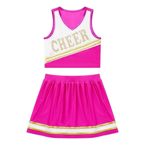 WEQYFDC Kinder Mädchen Cheerleading Uniform Cheer Dance Kleidung Ärmelloses V-Ausschnitt Brief Drucken Crop Top mit elastischem Bund Rock(Purple,16) von WEQYFDC