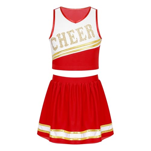 WEQYFDC Kinder Mädchen Cheerleading Uniform Cheer Dance Kleidung Ärmelloses V-Ausschnitt Brief Drucken Crop Top mit elastischem Bund Rock(Red,8) von WEQYFDC