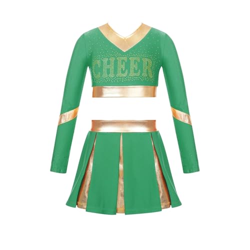 WEQYFDC Kinder Mädchen Cheerleading Uniform Cheer Dance Performance Outfit Strass Letter Print Langarm Crop Top mit Faltenrock(Green,8) von WEQYFDC