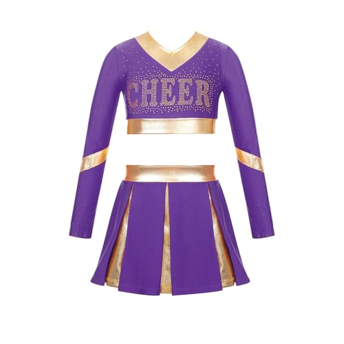 WEQYFDC Kinder Mädchen Cheerleading Uniform Cheer Dance Performance Outfit Strass Letter Print Langarm Crop Top mit Faltenrock(Purple,14) von WEQYFDC
