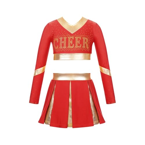 WEQYFDC Kinder Mädchen Cheerleading Uniform Cheer Dance Performance Outfit Strass Letter Print Langarm Crop Top mit Faltenrock(Red,6) von WEQYFDC