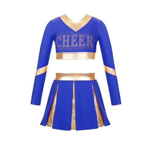 WEQYFDC Kinder Mädchen Cheerleading Uniform Cheer Dance Performance Outfit Strass Letter Print Langarm Crop Top mit Faltenrock(Royal Blue,14) von WEQYFDC