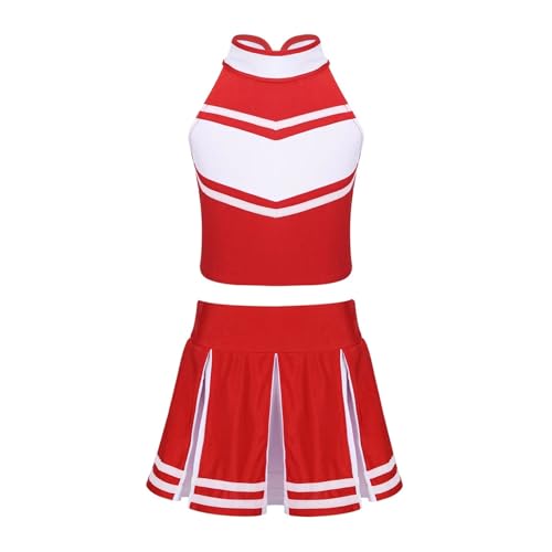 WEQYFDC Kinder Mädchen Cheerleading Uniform Schule Cosplay Party Tanz Kostüm Outfit Ärmellose Tops mit Reißverschluss und Faltenrock Set(Red White,12) von WEQYFDC