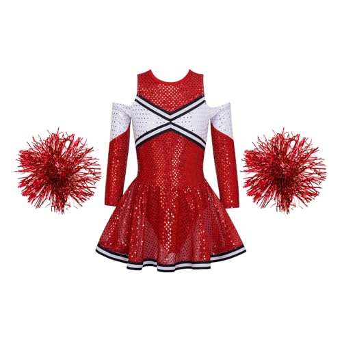 WEQYFDC Kinder Mädchen Cheerleading Uniform Tanzkostüm Langarm Off-Schulter Rundhalsausschnitt Kontrastfarbe Glänzende Pailletten Tanzkleid(Red B,12) von WEQYFDC