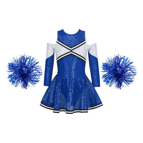 WEQYFDC Kinder Mädchen Cheerleading Uniform Tanzkostüm Langarm Off-Schulter Rundhalsausschnitt Kontrastfarbe Glänzende Pailletten Tanzkleid(Royal Blue B,8) von WEQYFDC