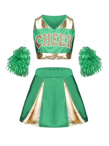 WEQYFDC Mädchen Cheerleader-Uniformen, ärmelloses Crop-Top, Rock, Socken, Kleidung for Cheerleading-Tanz-Outfits for Erwachsene(Green,XXL) von WEQYFDC