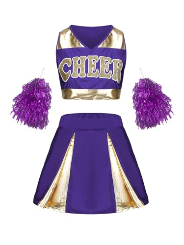WEQYFDC Mädchen Cheerleader-Uniformen, ärmelloses Crop-Top, Rock, Socken, Kleidung for Cheerleading-Tanz-Outfits for Erwachsene(Purple,M) von WEQYFDC