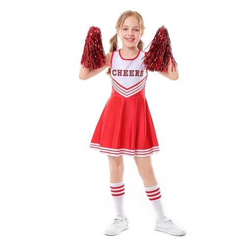 WEQYFDC Mädchen Kinder Kostüm Cheerleader Ärmellose Outfits Rundhalsausschnitt Brief Drucken Patchwork Stil Tanzkleid Mit Cosplay Cheerleader(Dress socks poms A,M 120CM 20-24KG) von WEQYFDC