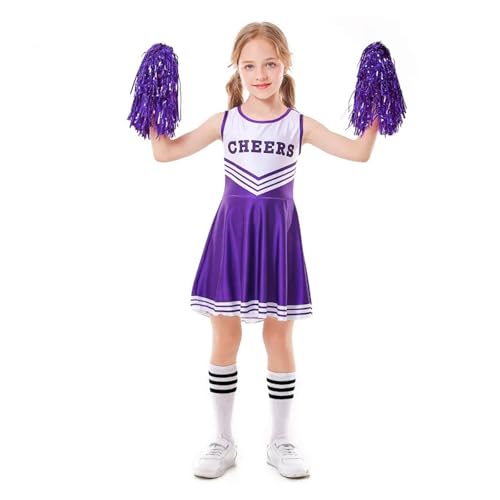 WEQYFDC Mädchen Kinder Kostüm Cheerleader Ärmellose Outfits Rundhalsausschnitt Brief Drucken Patchwork Stil Tanzkleid Mit Cosplay Cheerleader(Dress socks poms B,M 120CM 20-24KG) von WEQYFDC