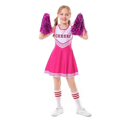 WEQYFDC Mädchen Kinder Kostüm Cheerleader Ärmellose Outfits Rundhalsausschnitt Brief Drucken Patchwork Stil Tanzkleid Mit Cosplay Cheerleader(Dress socks poms C,M 120CM 20-24KG) von WEQYFDC