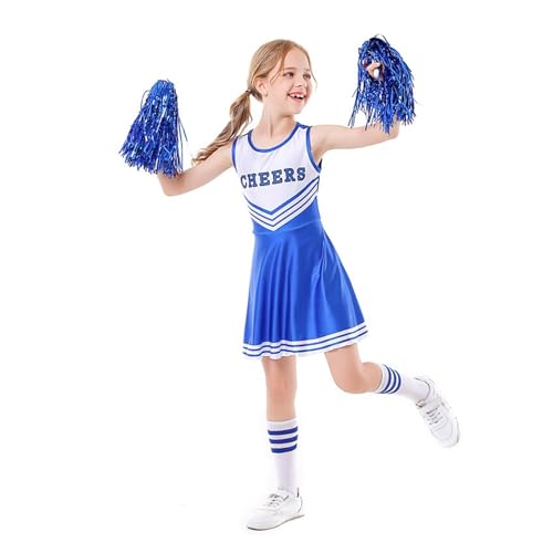 WEQYFDC Mädchen Kinder Kostüm Cheerleader Ärmellose Outfits Rundhalsausschnitt Brief Drucken Patchwork Stil Tanzkleid Mit Cosplay Cheerleader(Dress socks poms D,M 120CM 20-24KG) von WEQYFDC