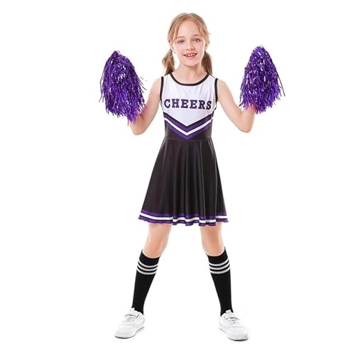 WEQYFDC Mädchen Kinder Kostüm Cheerleader Ärmellose Outfits Rundhalsausschnitt Brief Drucken Patchwork Stil Tanzkleid Mit Cosplay Cheerleader(Dress socks poms E,M 120CM 20-24KG) von WEQYFDC