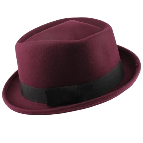 WEQYFDC Männer Frauen Top Pork Pie Hüte Bowtie Band Fedora Sonnenhut Trilby Caps Jazz Party Reisen Outdoor Für Eine Gala, Faschingsparty Oder Karneval(Dark Red) von WEQYFDC