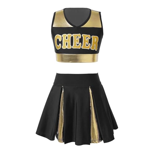 WEQYFDC Patchwork-Cheerleading-Uniform-Tanzkostüm, ärmelloses Crop-Top mit V-Ausschnitt und Buchstabendruck und Rock mit elastischem Bund(Black,16) von WEQYFDC