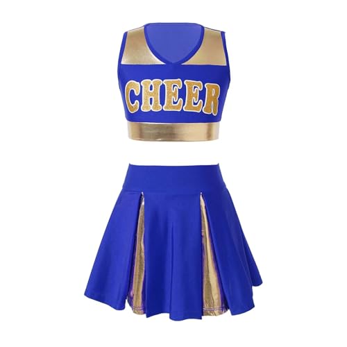 WEQYFDC Patchwork-Cheerleading-Uniform-Tanzkostüm, ärmelloses Crop-Top mit V-Ausschnitt und Buchstabendruck und Rock mit elastischem Bund(Blue,14) von WEQYFDC