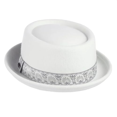 WEQYFDC Wolle Herren Pork Pie Hut Uniex Weiß Schwarz Zylinder Lady Gentleman Flach Bowler Hut Für Eine Gala, Faschingsparty Oder Karneval(White with belt) von WEQYFDC