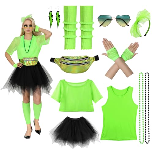 WERFORU 10 Pcs 80er Jahre Damen Set, Netzshirt Damen,Tank top,Bauchtasche, Stirnband, Damen Tüll Rock Schwarz, Herz Sonnenbrille, Netzhandschuhe, Ohrringe, Beinwärmer, Halskette für Karneval,Fasching WERFORU 10 Pcs 80er Jahre Damen Set, Netzshirt Damen,Tank top,Bauchtasche, Stirnband, Damen Tüll Rock Schwarz, Herz Sonnenbrille, Netzhandschuhe, Ohrringe, Beinwärmer, Halskette für Karneval,Fasching von WERFORU