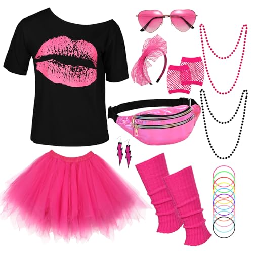WERFORU 80er Jahre Outfit Damen Set Karneval Damen Set,T-Shirt,Tüll Rock,Herz Sonnenbrille,Stirnband, Netzhandschuhe,Halskette,Bauchtasche,Ohrringe,Beinwärmer,Silikonarmband WERFORU 80er Jahre Outfit Damen Set Karneval Damen Set,T-Shirt,Tüll Rock,Herz Sonnenbrille,Stirnband, Netzhandschuhe,Halskette,Bauchtasche,Ohrringe,Beinwärmer,Silikonarmband von WERFORU