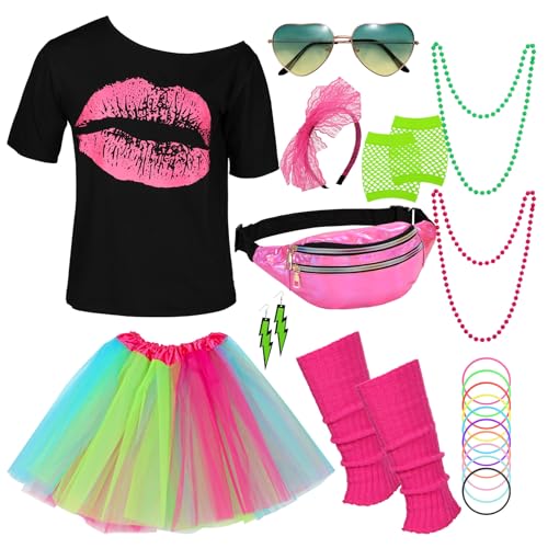 WERFORU 80er Jahre Outfit Damen Set Karneval Damen Set,T-Shirt,Tüll Rock,Herz Sonnenbrille,Stirnband, Netzhandschuhe,Halskette,Bauchtasche,Ohrringe,Beinwärmer,Silikonarmband WERFORU 80er Jahre Outfit Damen Set Karneval Damen Set,T-Shirt,Tüll Rock,Herz Sonnenbrille,Stirnband, Netzhandschuhe,Halskette,Bauchtasche,Ohrringe,Beinwärmer,Silikonarmband von WERFORU