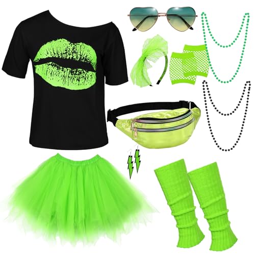 WERFORU 80er Jahre Outfit Damen Set Karneval Damen Set,T-Shirt, Tüll Rock, Herz Sonnenbrille,Stirnband, Netzhandschuhe, Halskette,Bauchtasche, Ohrringe,Beinwärmer WERFORU 80er Jahre Outfit Damen Set Karneval Damen Set,T-Shirt, Tüll Rock, Herz Sonnenbrille,Stirnband, Netzhandschuhe, Halskette,Bauchtasche, Ohrringe,Beinwärmer von WERFORU