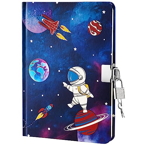 Astronaut Tagebuch Jungs - Leuchtendes Notizbuch Geschenk für Kinder Reisen Private Journale Schule Hefte A5 Liniert Memos Schreiben Zeichnen Notizblock mit Schloss und Schlüsseln von WERNNSAI