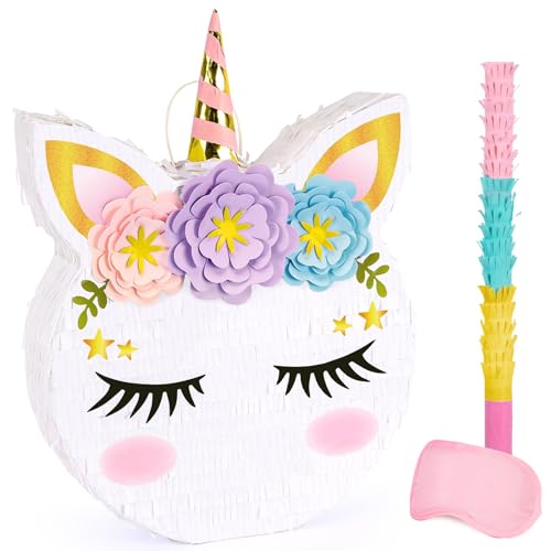 WERNNSAI Einhorn Pinata-Einhorn Party Supplies Pinata mit Stock, Augenbinde für Mädchen Kindergeburtstag Partyspiel Jahrestag Feier Klassenzimmer Aktivitäten Einhorn Them Party Dekorationen(40 x31cm) von WERNNSAI