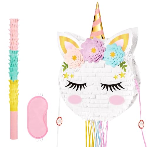 WERNNSAI Einhorn Pinata – Mädchen Geburtstags Pinata Faltbare Pinata Ausziehbar mit Quasten Augenbinde Schläger Geburtstagsparty Spiele Faltbare Einhorn Piñatas Rosa Einhorn Party Klassenzimmerspiel von WERNNSAI