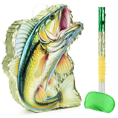 WERNNSAI Fisch Piñata – Fisch Party Dekorationen Zubehör Pinata mit Augenbinde und Schlagstock für Jungen Erwachsene Angelspiel Piñata SommerPool Party Spielzubehör Fisch Themen Gastgeschenke von WERNNSAI