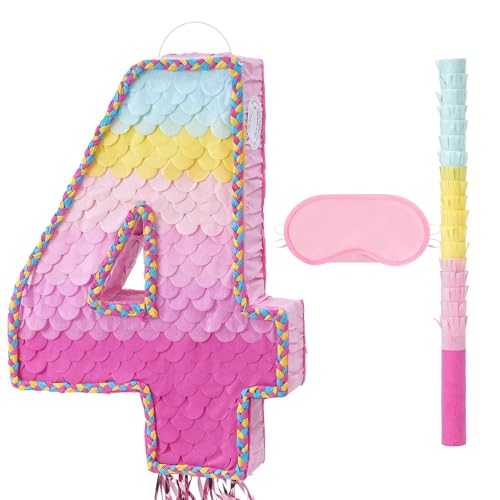 Geburtstags Piñata – Rosa Regenbogen-Piñata für 4-jährige Mädchen Jungen und Kleinkinder mit Augenmaske Stab Quaste und Kordelzug Geburtstagsparty Dekoration Spiele Geburtstags Piñata – Rosa Regenbogen-Piñata für 4-jährige Mädchen Jungen und Kleinkinder mit Augenmaske Stab Quaste und Kordelzug Geburtstagsparty Dekoration Spiele von WERNNSAI