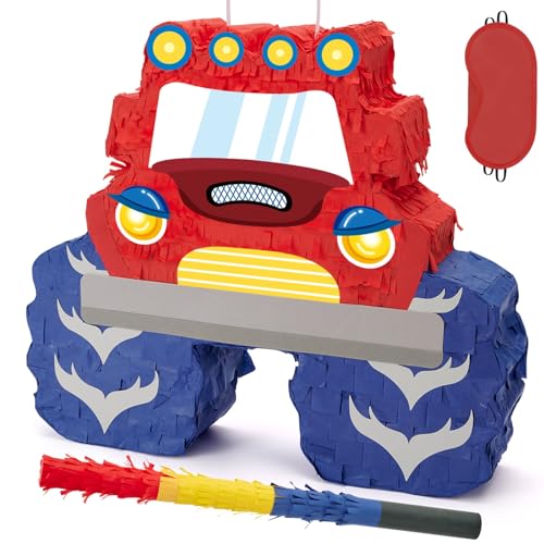 WERNNSAI Truck Piñata – Monster Truck Piñata Bundle mit Augenbinde und Schläger für Jungen und Kinder Piñata Motto Party Dekorationszubehör coole Auto-Piñata Monstertruck-Pinata von WERNNSAI