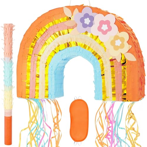 WERNNSAI Regenbogen Piñata - Geburtstagsparty Dekoration für Mädchen Regenbogen Pinata mit Stock und Augenbinde Pinata mit Zugschnur Boho Thema Geburtstag Partydeko Babyparty Sommerparty Zubehör von WERNNSAI