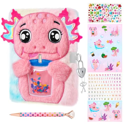 WEINNSAI Axolotl Plüsch-Tagebuch-Set für Kinder, Geheimes Tagebuch-Set mit Schloss, Schlüssel, Stift, Aufklebern, Zum Schreiben und Zeichnen, Geschenke für Mädchen im Alter von 6–8 Jahren von WERNNSAI