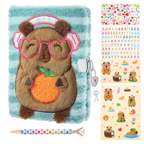 WEINNSAI Capibara Plüsch-Tagebuch-Set für Kinder, Geheimes Tagebuch-Set mit Schloss, Schlüssel, Stift, Aufklebern, Zum Schreiben und Zeichnen, Geschenke für Mädchen im Alter von 6–8 Jahren von WERNNSAI