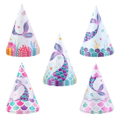 Meerjungfrauen-Happy Birthday-Hüte – 12 Stück Meerjungfrauen-Party-Kopfbedeckung für Kinder, Ozean-Mottoparty-Zubehör, Kuchenhüte für Mädchen, Geburtstagsparty-Dekorationen, Kegelhüte mit elastischen von WERNNSAI