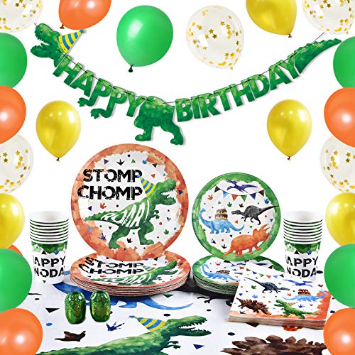 Aquarell Dinosaurier Partyzubehör - Dino Geburtstag party Dekoration für Jungen Geburtstag Banner Luftballons Teller Tassen Servietten Tischdecke Geschirr 16 Gäste 89 PCS von WERNNSAI