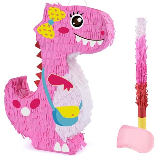 WERNNSAI Dinosaurier Piñata - Rosa Dino Geburtstags Deko Piñata Zubehö für Mädchen Geburtstagspartydekor Dino Mottoparty Pinata mit Augenbinde und Schlagstock Spiel Aktivität Dekoration 40 x 31 cm von WERNNSAI