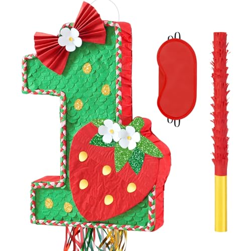 WERNNSAI Geburtstags Pinata – 1. Jahr Erdbeer Geburtstags Pinata Mädchen Baby Geburt Erdbeer Piñata mit Augenmaske Stab Quaste Kordelzug Geburtstagsparty Baby Geburt Baby Taufe Party Dekoration von WERNNSAI