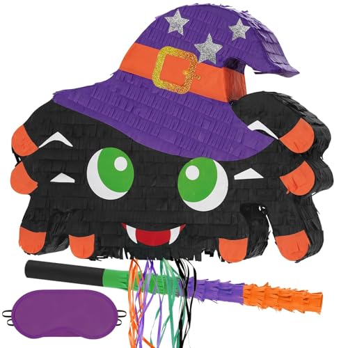 WERNNSAI Halloween Spinnen Piñata – Gruselige Zugschnur Piñata Mit Augenbinde und Schlagstock für Kinder Süßigkeiten Spielzubehör Fiesta Feier Party Dekoration von WERNNSAI