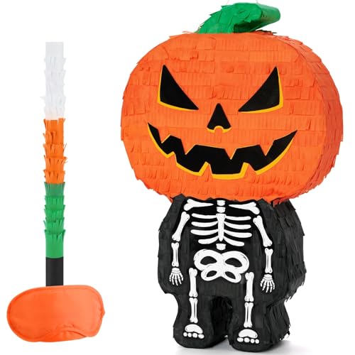 WERNNSAI Halloween Totenkopf Kürbis Piñata – Gruselige Halloween Kürbis Piñata mit Zugschnur Halloween Süßigkeitenspiel mit Augenbinde und Schlagstock für Halloween Partygeschenke für Kinder von WERNNSAI